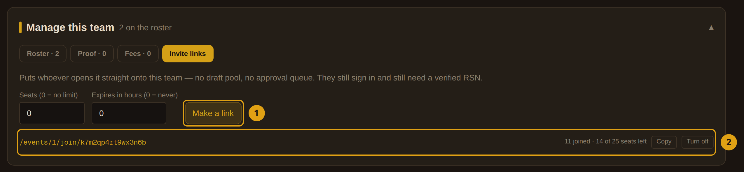 The captain-side Invite links tab on the team hub, with the seats and expiry fields and one live link