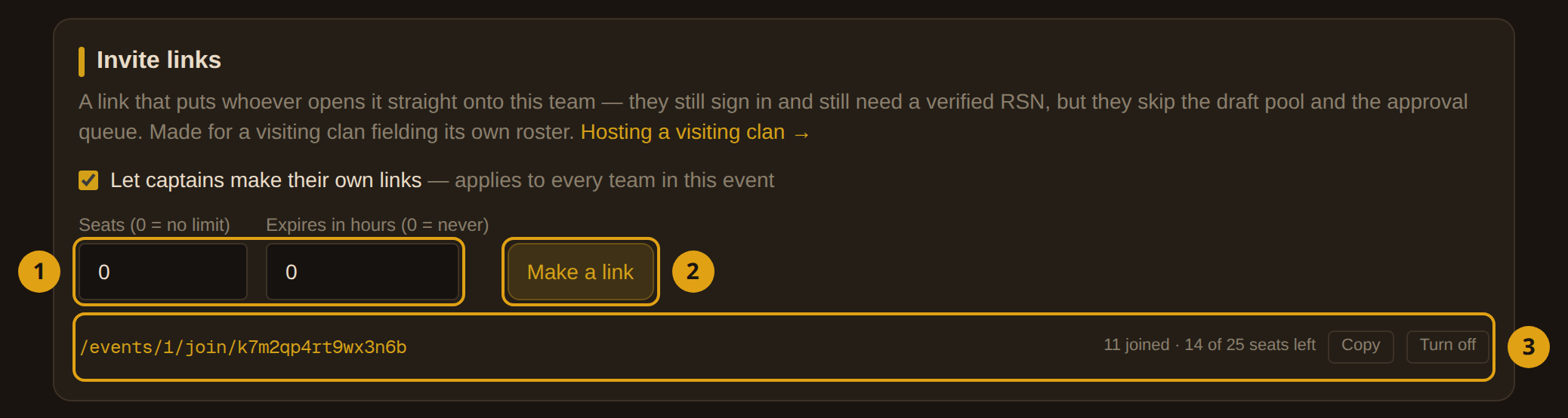 The Invite links panel with the seats and expiry fields, the Make a link button, and one live link listed