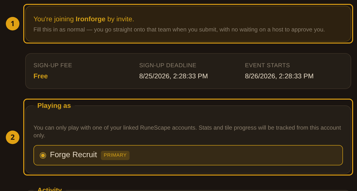 The event sign-up form with a banner saying the player is joining a named team by invite